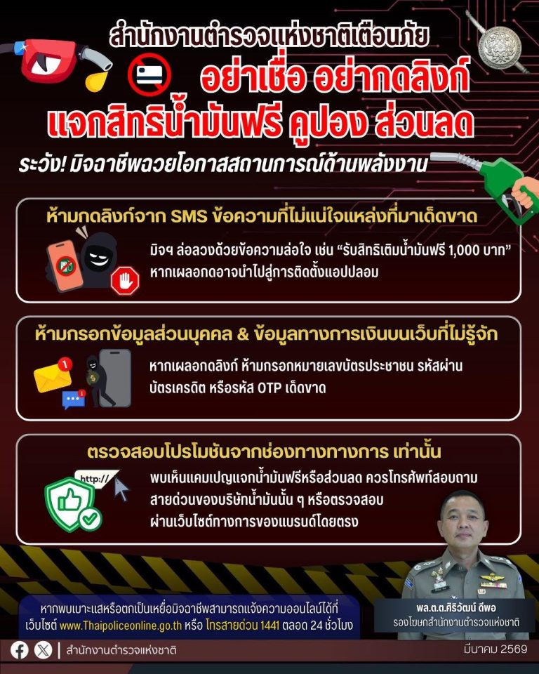 เตือนภัย มิจฉาชีพฉวยวิกฤตพลังงาน ส่งลิงก์หลอกแจกสิทธิเติมน้ำมันฟรี